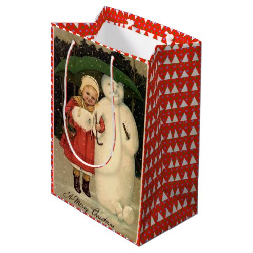 Girl in Red Coat with Snowman White Christmas Medium Gift Bag