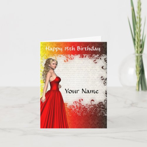 Girl in red dress 15th birthday card