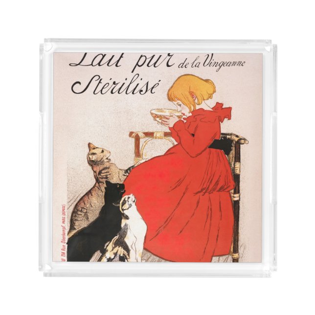 Girl in Red Dress Drinking Milk Steinlen Poster Acrylic Tray (Front)