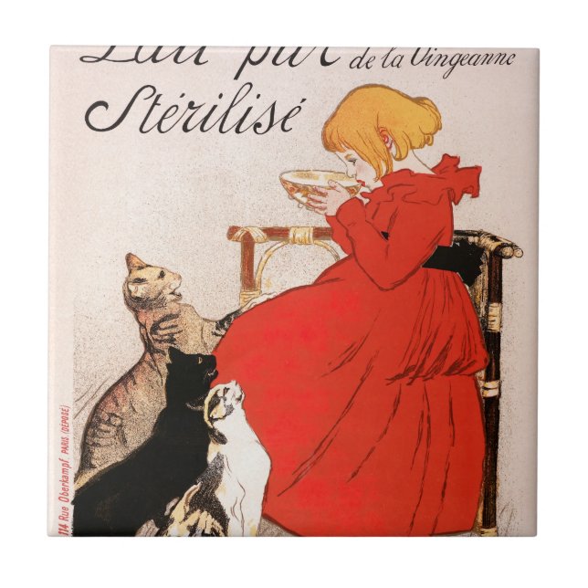 Girl in Red Dress Drinking Milk Steinlen Poster Ceramic Tile (Front)