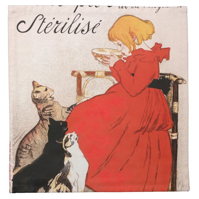 Girl in Red Dress Drinking Milk Steinlen Poster Cloth Napkin (Front)