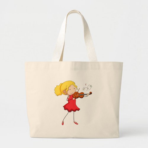 Girl in red dress playing violin large tote bag