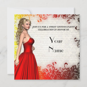 Girl in red dress sweet sixteen invitation