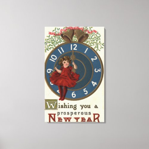 Girl in Red Sitting on Clock Canvas Print