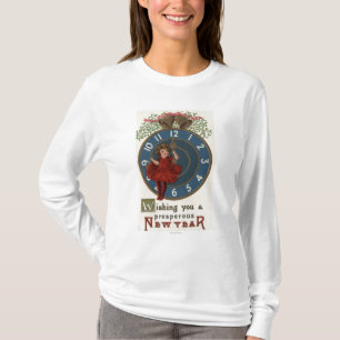 Girl in Red Sitting on Clock T-Shirt