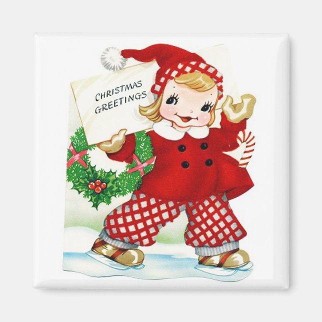 Girl in Red Skating Vintage Magnet (Front)