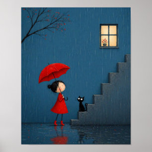 Girl in Red Waiting by the Rainy Stairs Poster