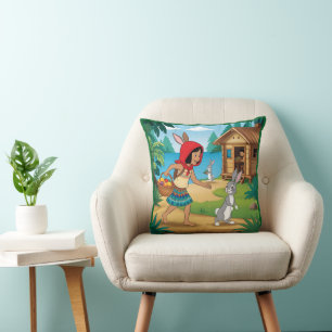 Girl in Redhood with Bunny Throw Pillow