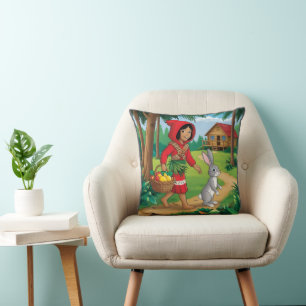 Girl in Redhood with Bunny Throw Pillow