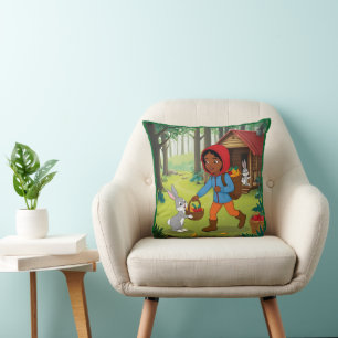 Girl in Redhood with Bunny Throw Pillow