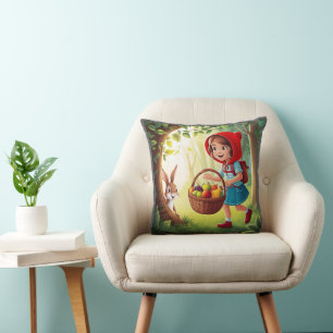 Girl in Redhood with Bunny Throw Pillow