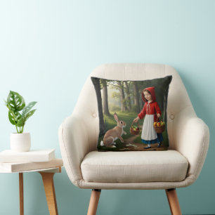 Girl in Redhood with Bunny Throw Pillow