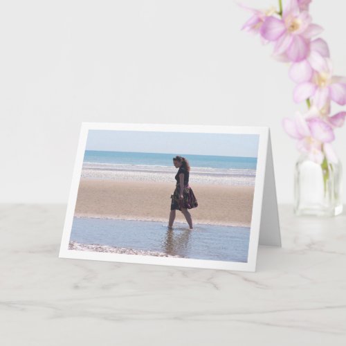 Girl in Skirt Walking on Beach Card