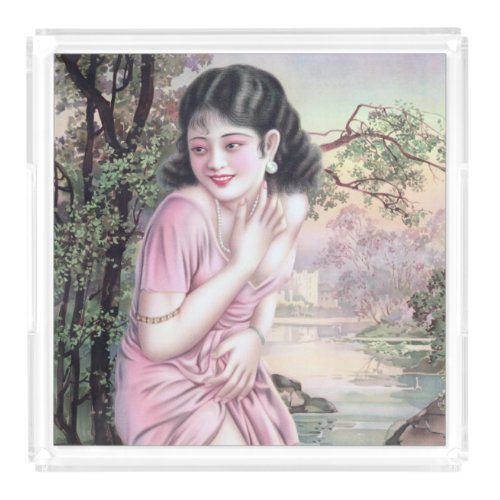 Girl in Stream Vintage Chinese Shanghai Pinup  Acrylic Tray
