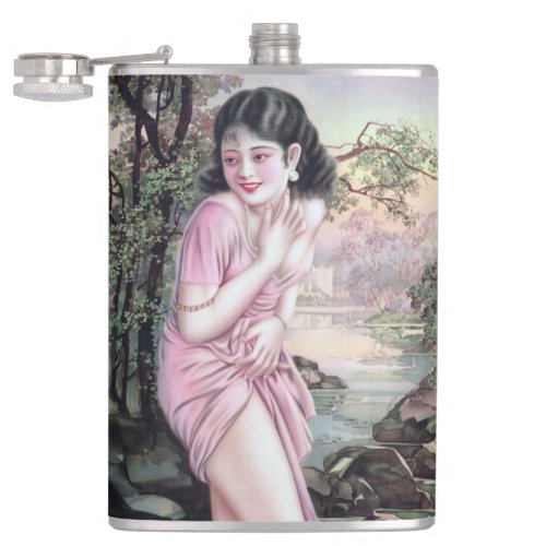 Girl in Stream Vintage Chinese Shanghai Pinup  Flask
