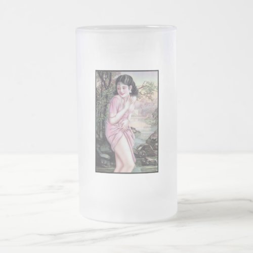 Girl in Stream Vintage Chinese Shanghai Pinup  Frosted Glass Beer Mug