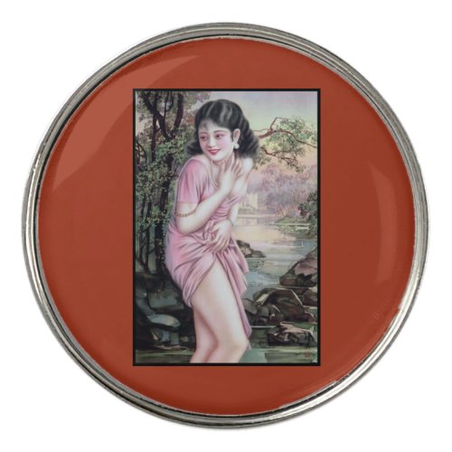 Girl in Stream Vintage Chinese Shanghai Pinup  Golf Ball Marker