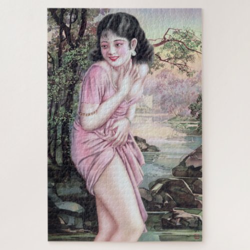 Girl in Stream Vintage Chinese Shanghai Pinup  Jigsaw Puzzle