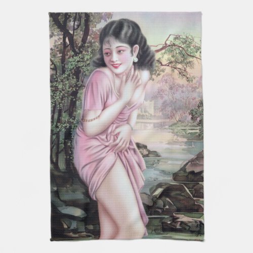 Girl in Stream Vintage Chinese Shanghai Pinup  Kitchen Towel