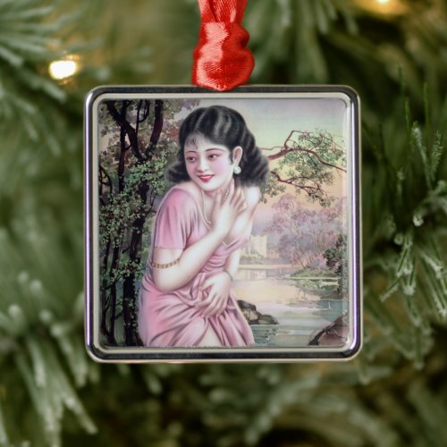 Girl in Stream Vintage Chinese Shanghai Pinup  Metal Ornament