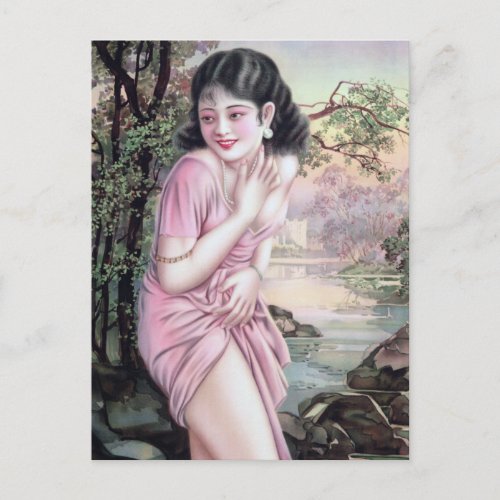 Girl in Stream Vintage Chinese Shanghai Pinup  Postcard