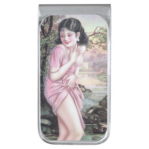 Girl in Stream Vintage Chinese Shanghai Pinup  Silver Finish Money Clip