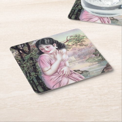 Girl in Stream Vintage Chinese Shanghai Pinup  Square Paper Coaster