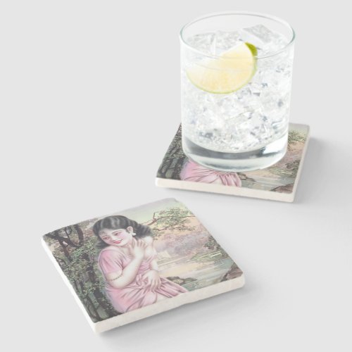Girl in Stream Vintage Chinese Shanghai Pinup  Stone Coaster