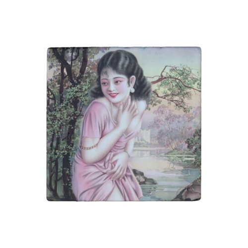Girl in Stream Vintage Chinese Shanghai Pinup  Stone Magnet