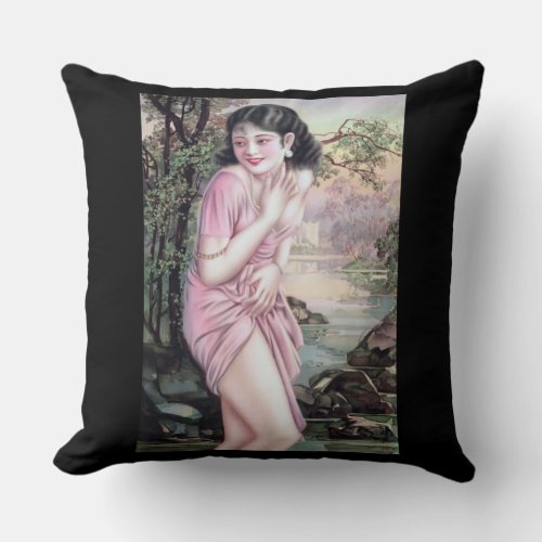 Girl in Stream Vintage Chinese Shanghai Pinup  Throw Pillow