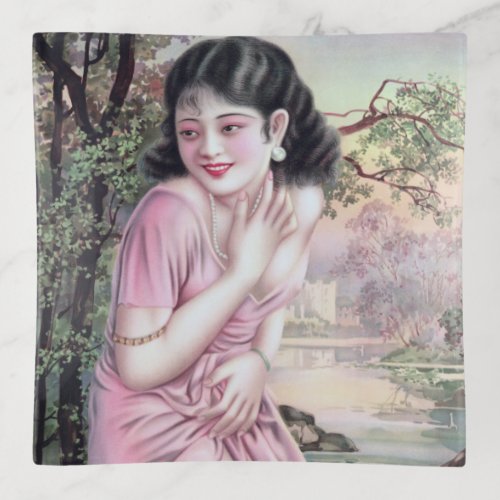 Girl in Stream Vintage Chinese Shanghai Pinup  Trinket Tray