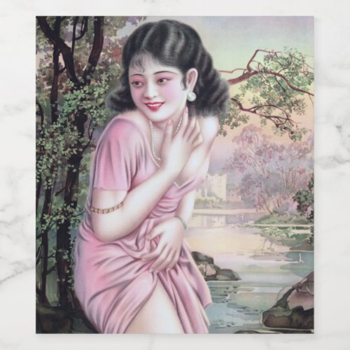 Girl in Stream Vintage Chinese Shanghai Pinup  Wine Label