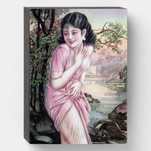 Girl in Stream Vintage Chinese Shanghai Pinup  Wooden Box Sign