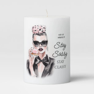Girl in suit pink bow and cake sunglasses pillar candle