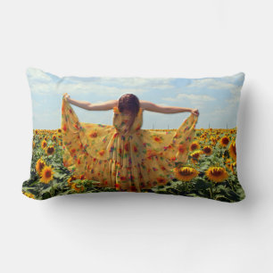 Girl in Sunflower Field Lumbar Pillow