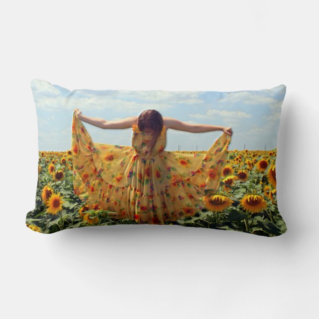 Girl in Sunflower Field Lumbar Pillow (Front)