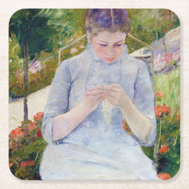 Girl in the Garden, Mary Cassatt Square Paper Coaster (Front)