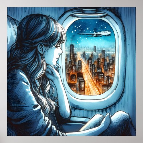Girl in the Window seeing City lights Poster