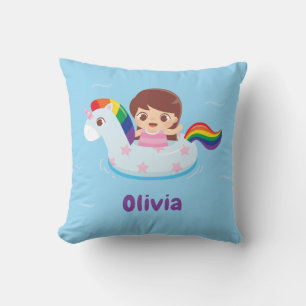 Girl in Unicorn Rainbow Pool Float Kids Room Decor Throw Pillow