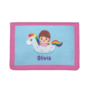 Girl in Unicorn Rainbow Pool Float Kids Wallet