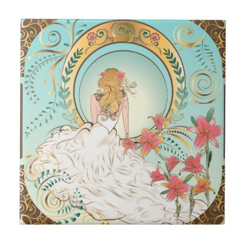 Girl in white gown with pink lily flowers ceramic tile