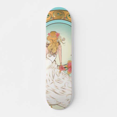 Girl in white gown with pink lily flowers skateboard