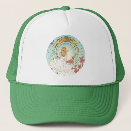 Girl in white gown with pink lily flowers trucker hat