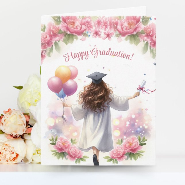 Girl in White Graduate Gown with balloons Card (Creator Uploaded)
