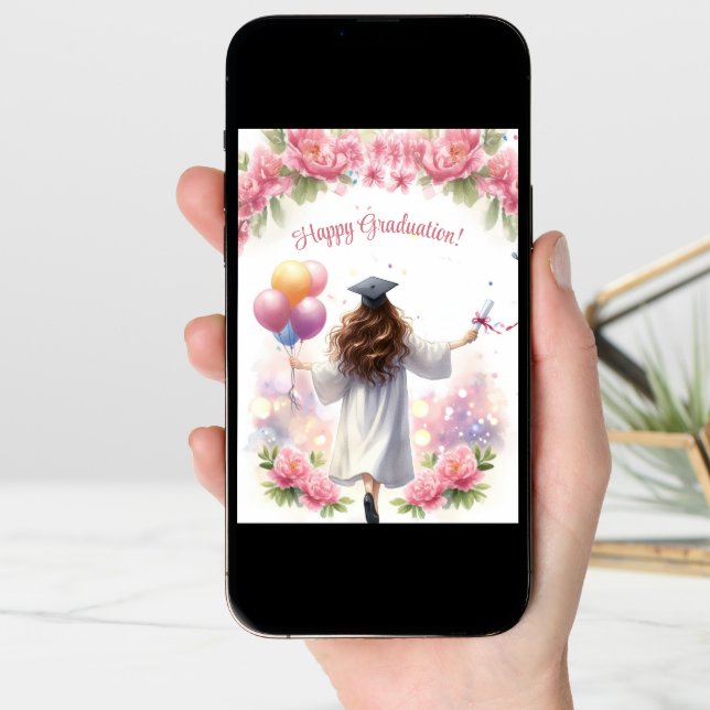 Girl in White Graduate Gown with balloons Card (Front Digital)