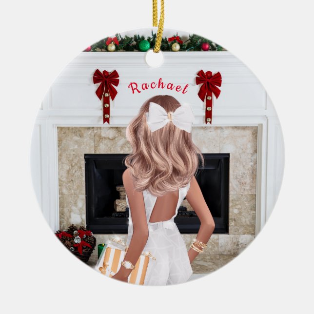Girl in White Personalized Custom  Ceramic Ornament (Front)