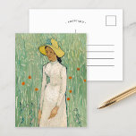 Girl in White | Vincent Van Gogh Postcard<br><div class="desc">Girl in White (1890) | Original artwork by Dutch post-impressionist artist Vincent Van Gogh (1853-1890). The painting depicts a woman wearing a white dress and yellow straw hat,  standing in a soft green field scattered with red flowers.

Use the design tools to add custom text or personalize the image.</div>