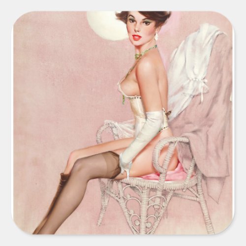 Girl in Wicker Chair Pin Up Art Square Sticker