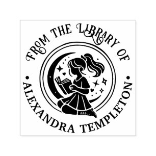 Girl in Window Reading, Stars Moon Book Name Self-inking Stamp
