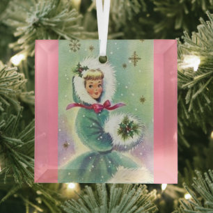 Girl in Winter Coat Retro Pink and Blue Ornament